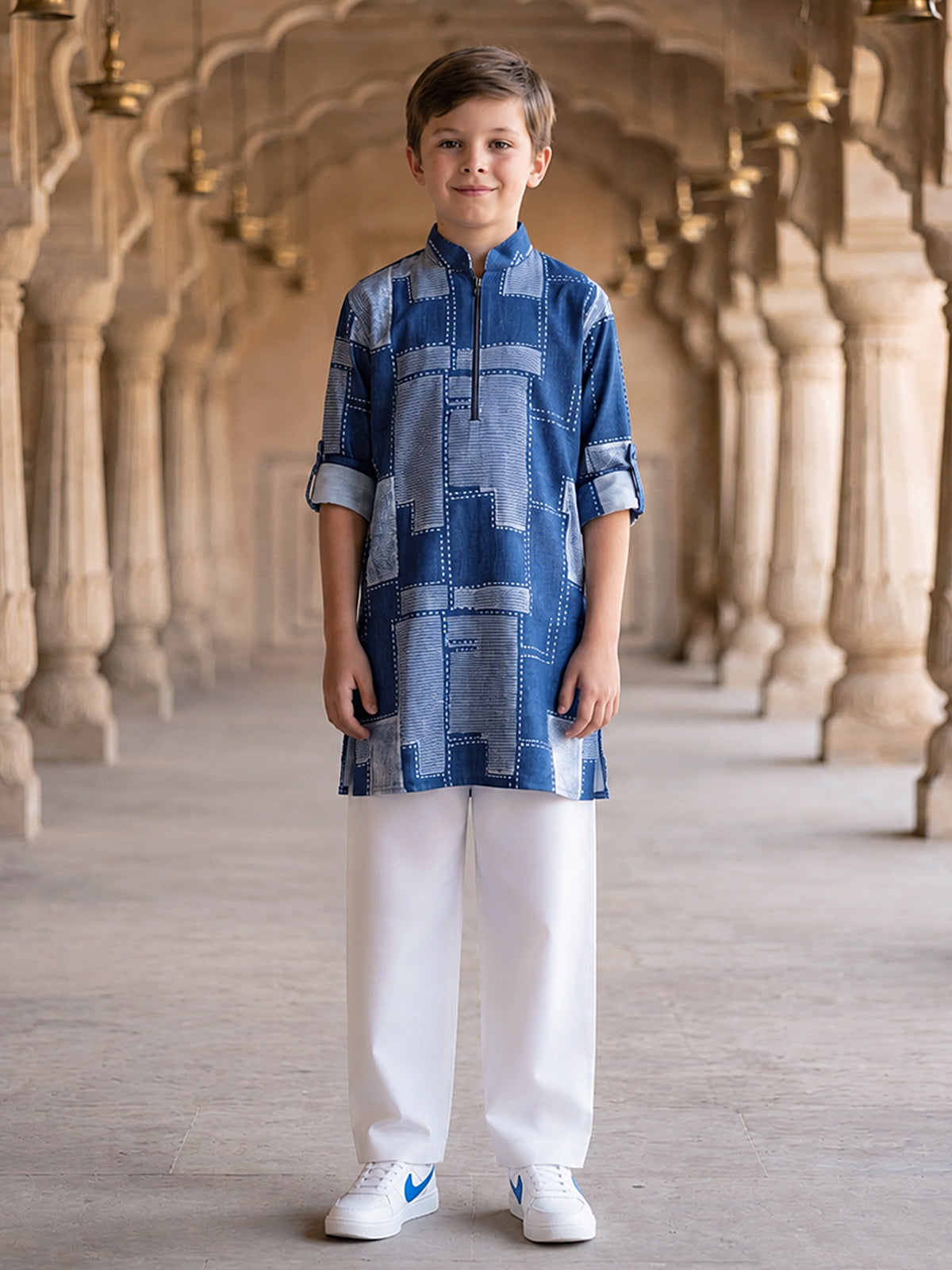 Blue patchwork printed boys kurta suit
