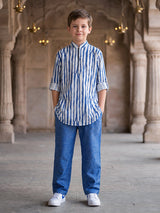 Blue white printed boys kurta suit