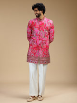 Hot pink art silk mens indo western with print