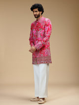 Hot pink art silk mens indo western with print
