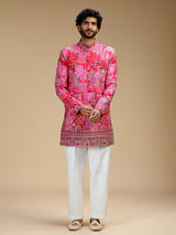 Hot pink art silk mens indo western with print
