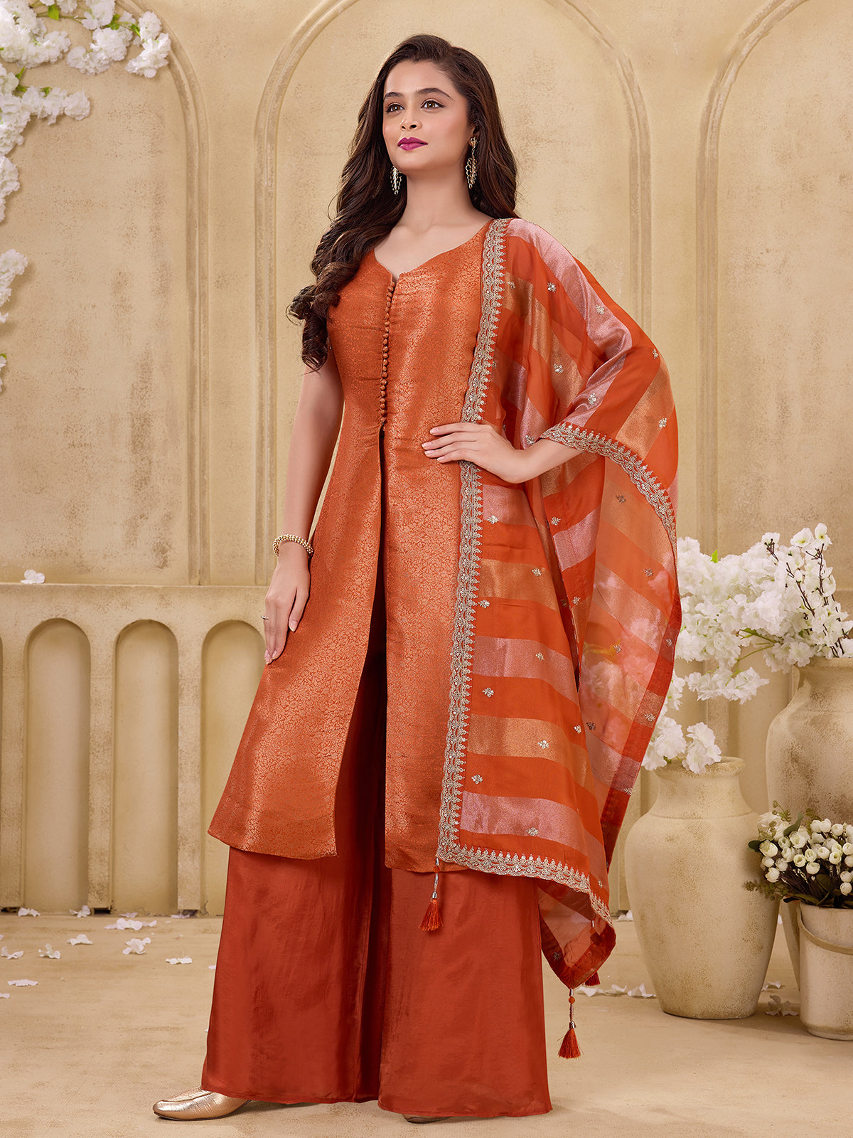 Orange embroidered girls palazzo suit