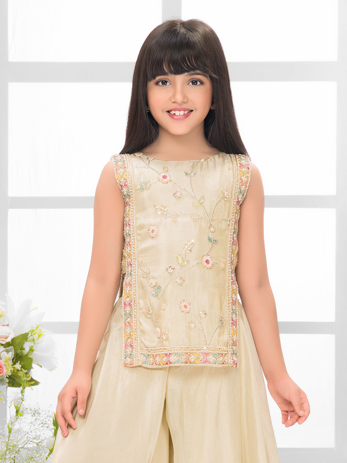 Cream floral girls festive palazzo suit