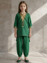 Green festive girls ballon pant suit
