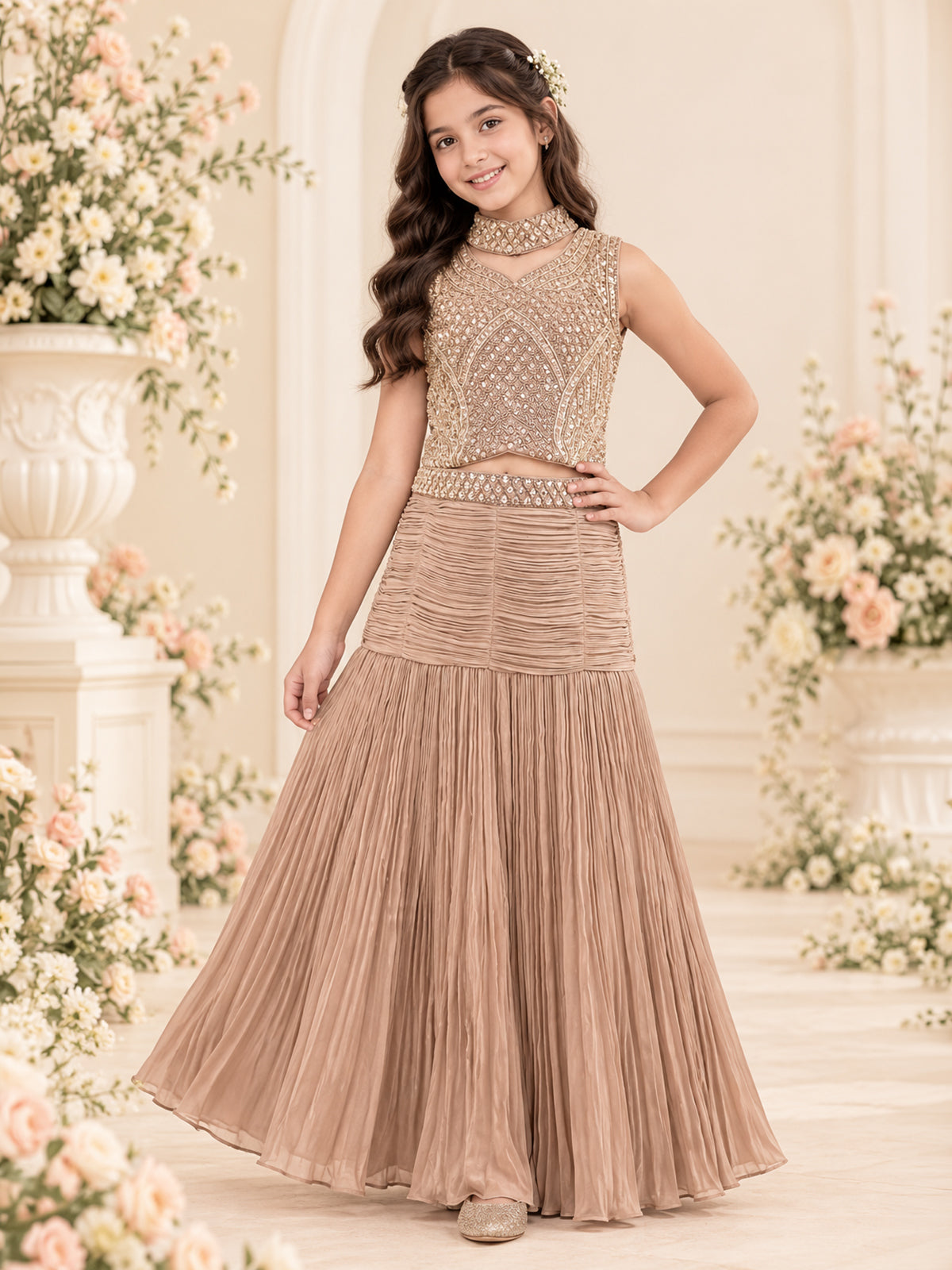 Beige pleated girls lehenga choli