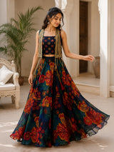 Teal blue printed girls lehenga choli