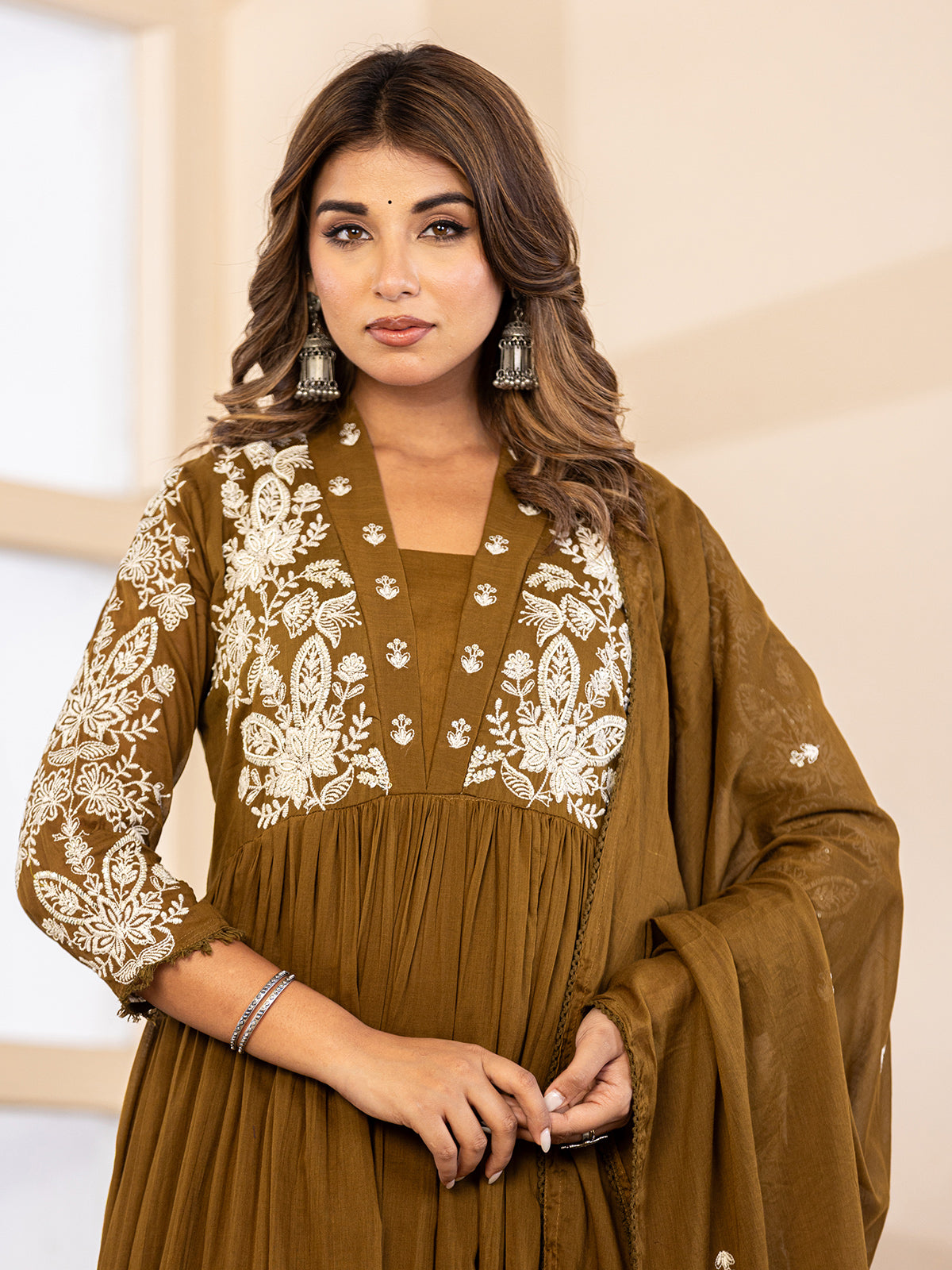 Mehendi olive floral  anarkali women kurti set