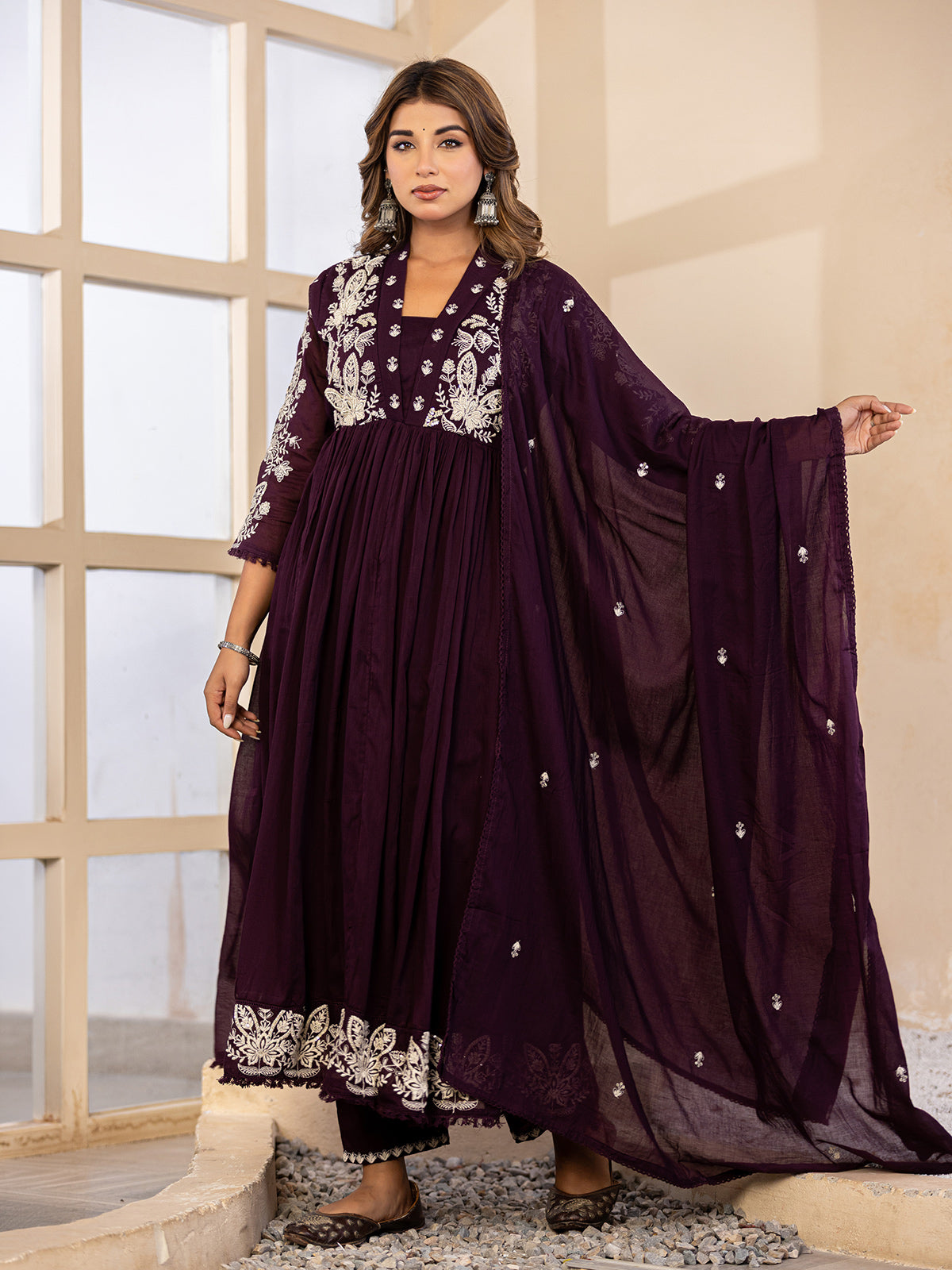 Deep purple floral  anarkali women kurti set