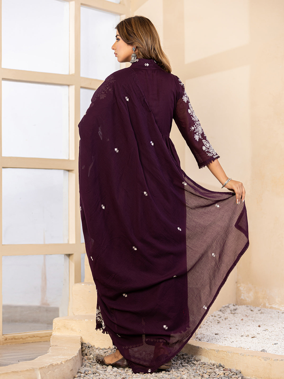 Deep purple floral  anarkali women kurti set