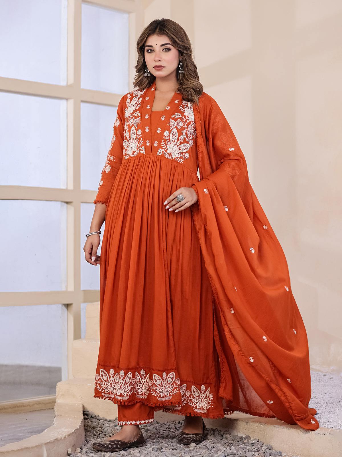 Orange floral  anarkali women kurti set