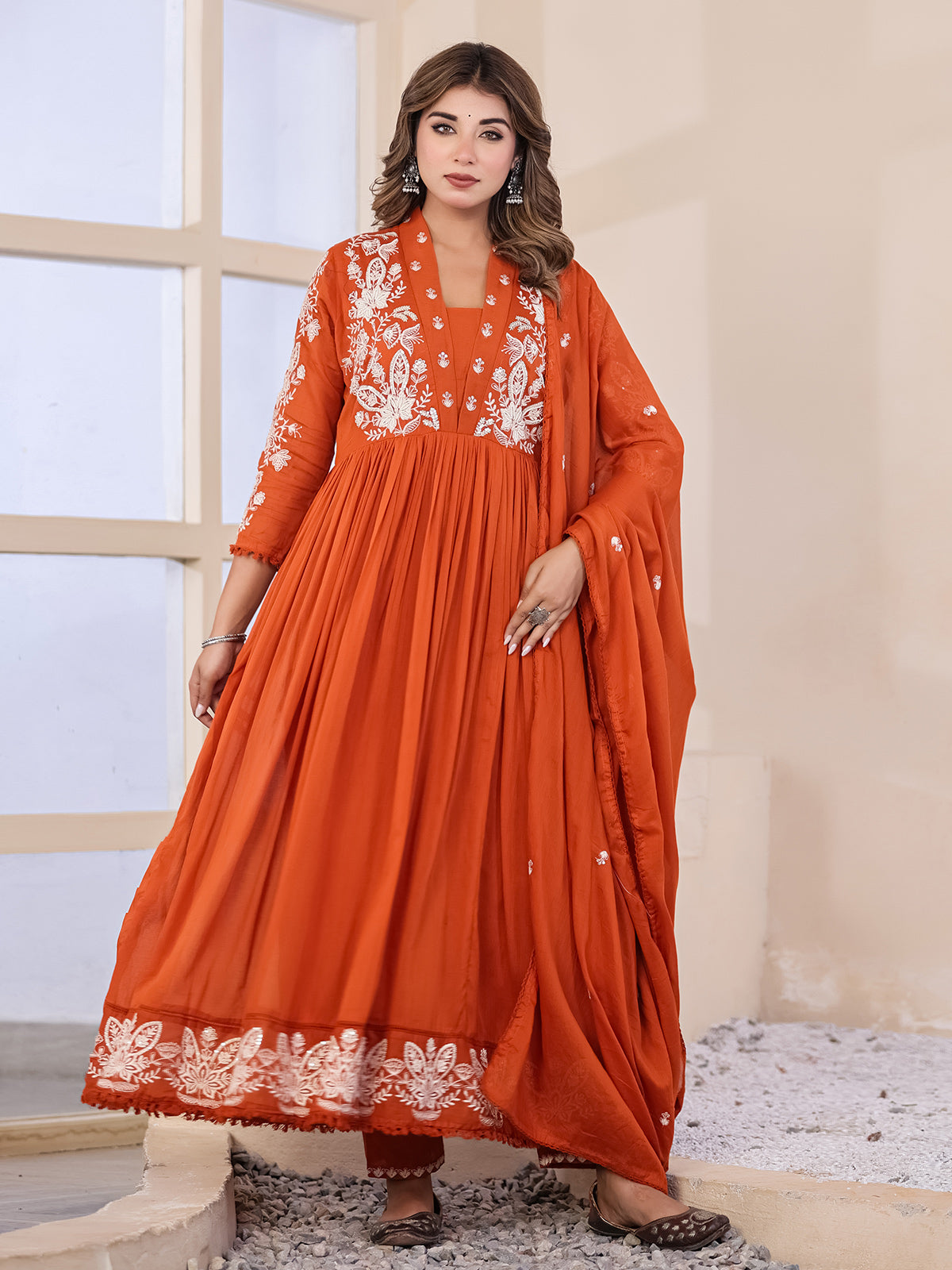 Orange floral  anarkali women kurti set