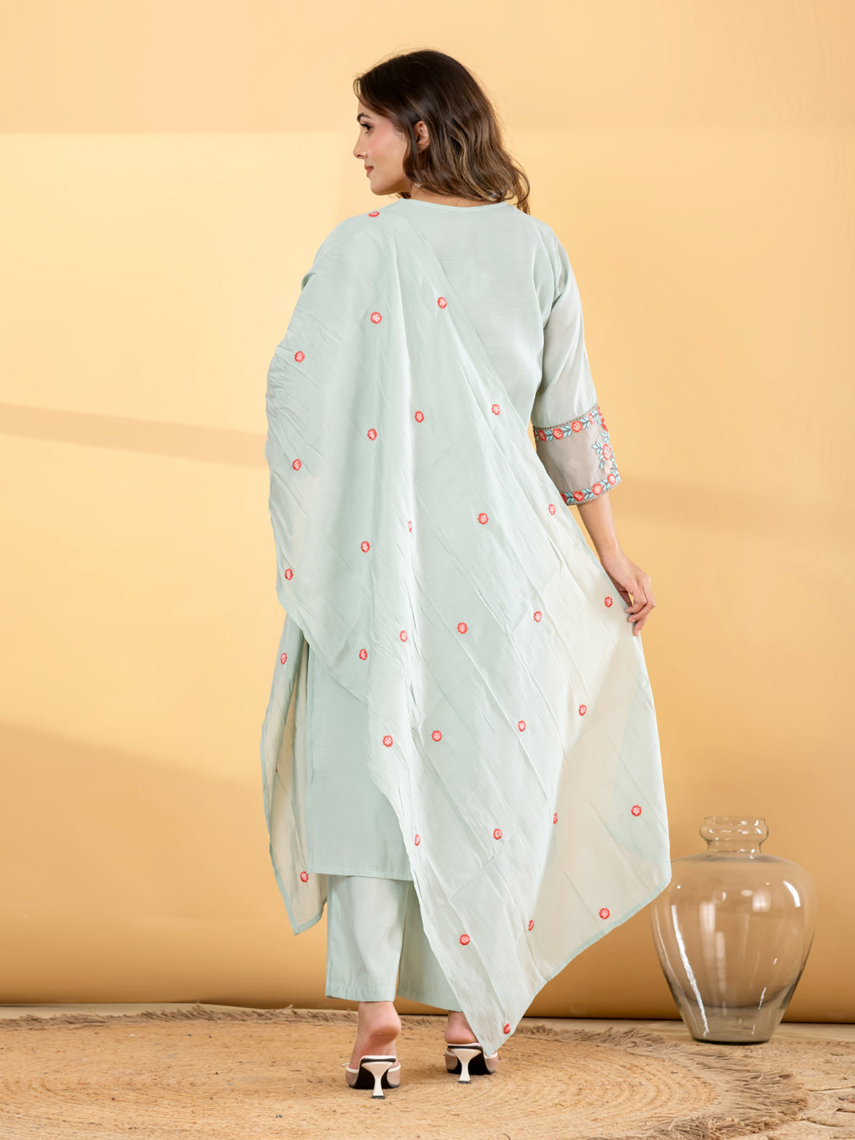 Mint blue floral straight cut women kurti set