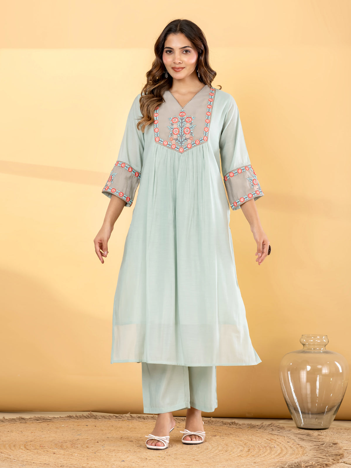Mint blue floral straight cut women kurti set