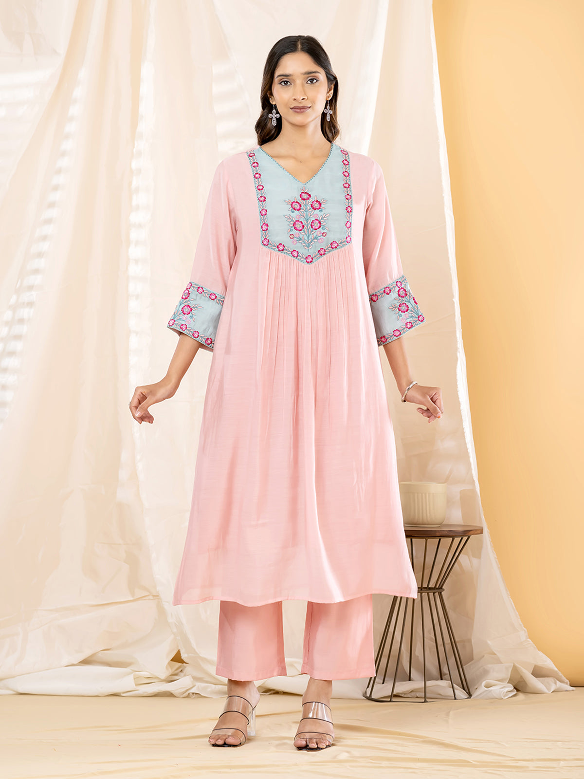Pink floral yoke  anarkali women kurti set