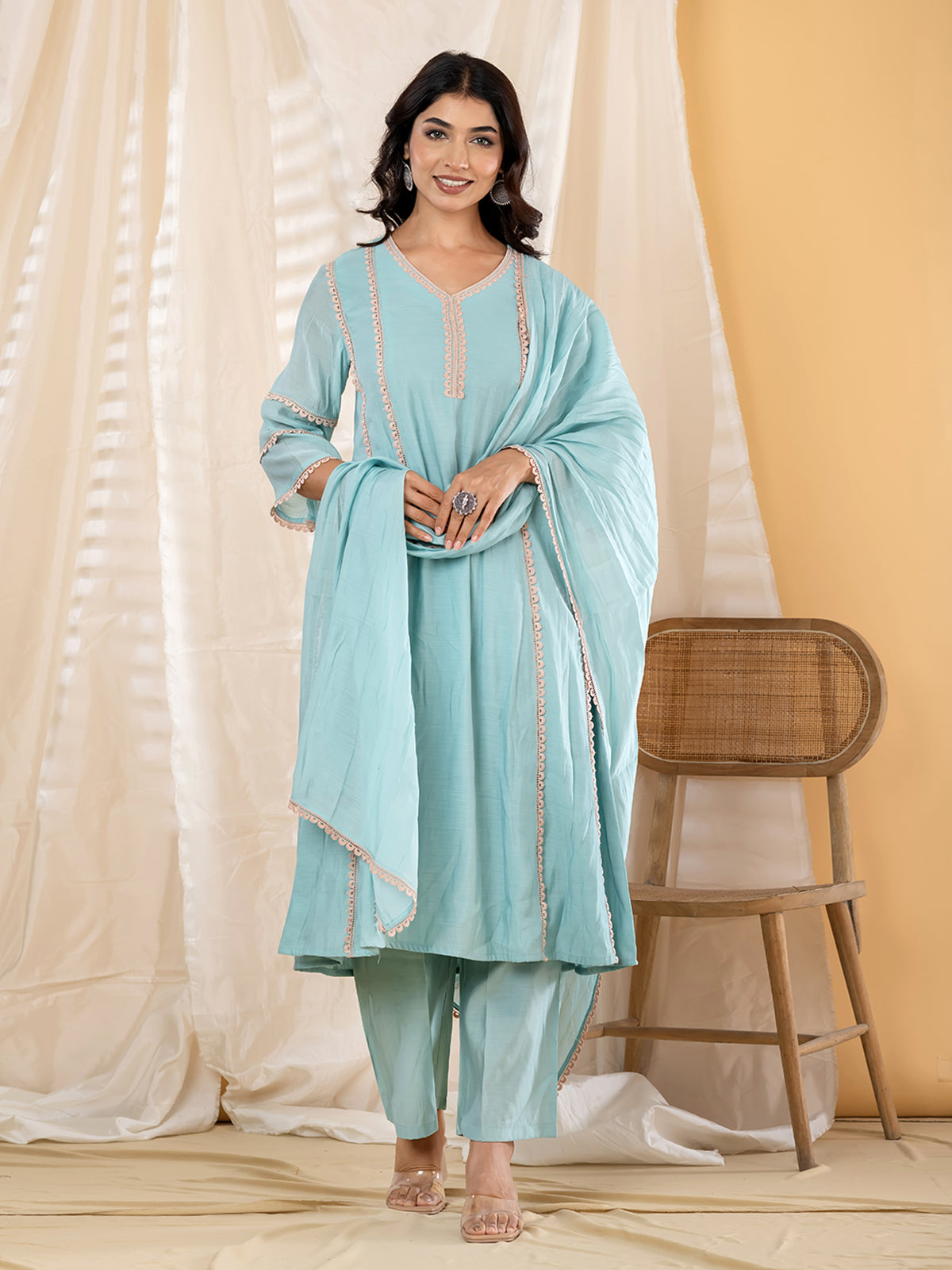 Mint blue lace panel  anarkali women kurti set