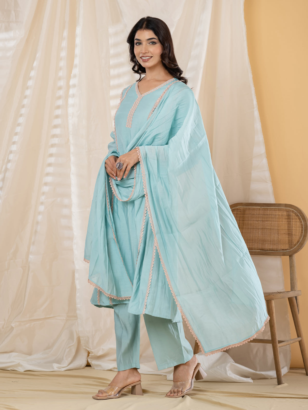 Mint blue lace panel  anarkali women kurti set