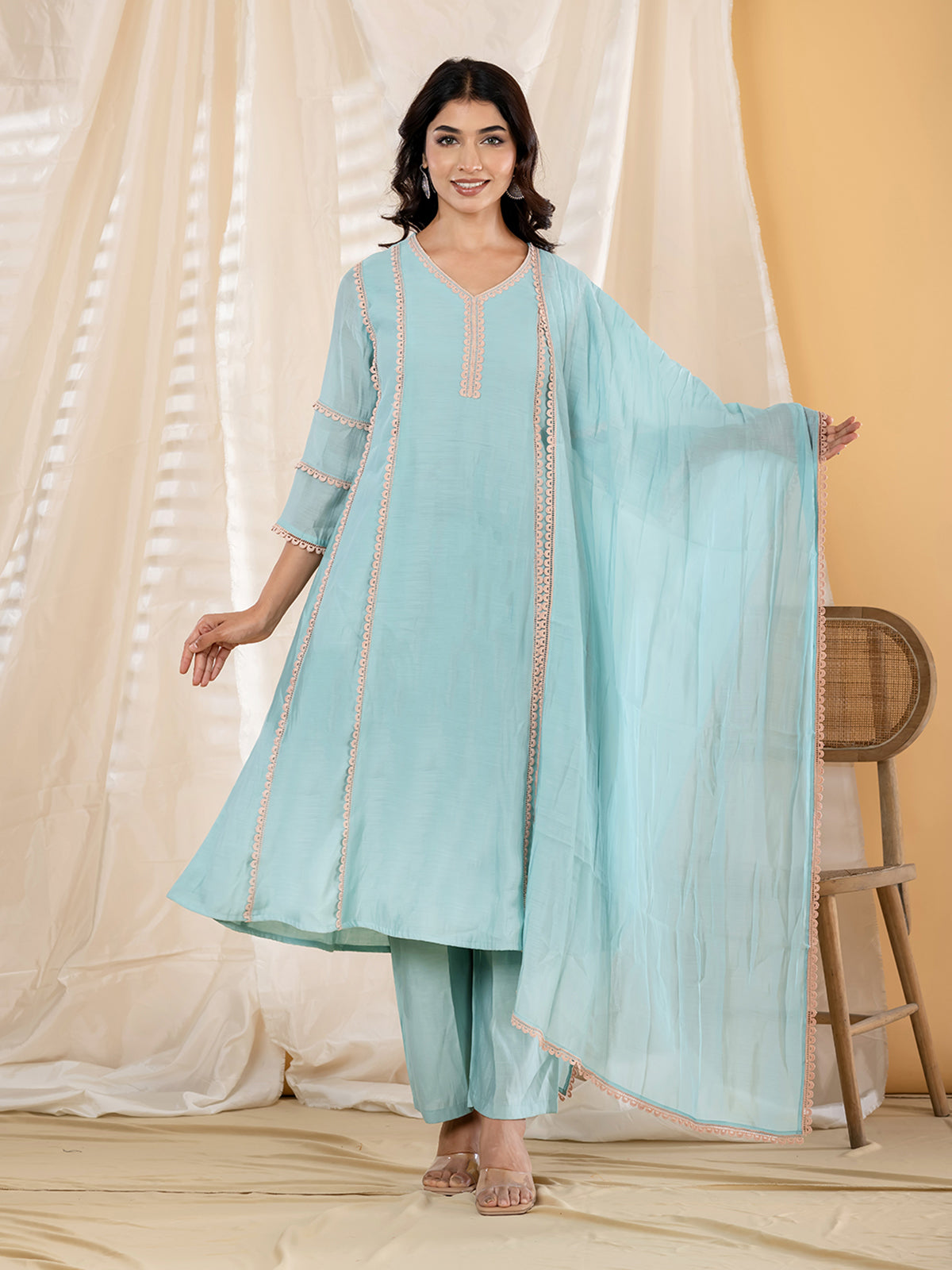 Mint blue lace panel  anarkali women kurti set