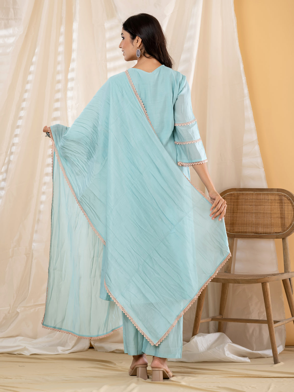 Mint blue lace panel  anarkali women kurti set