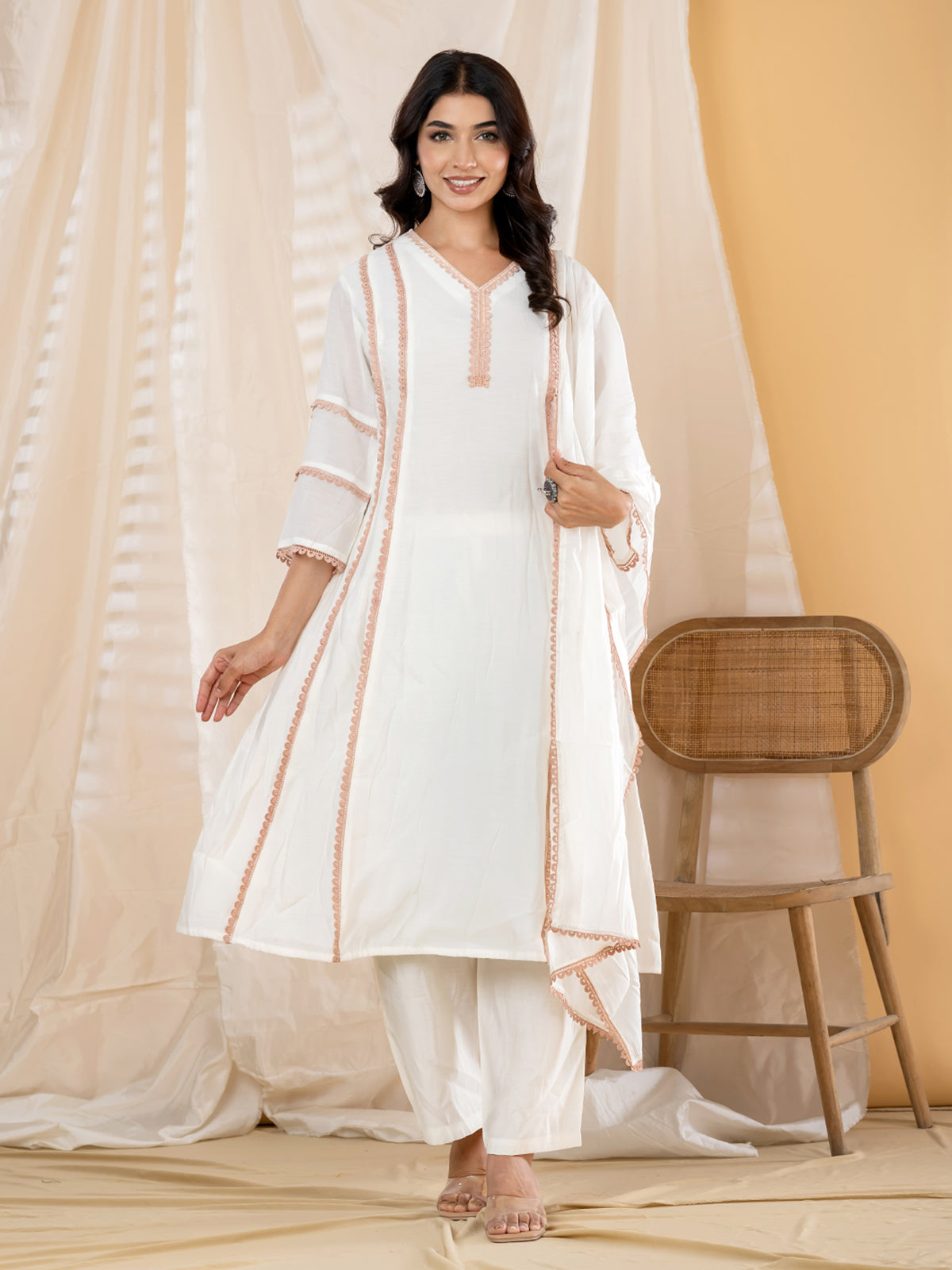 White lace panel  anarkali women kurti set