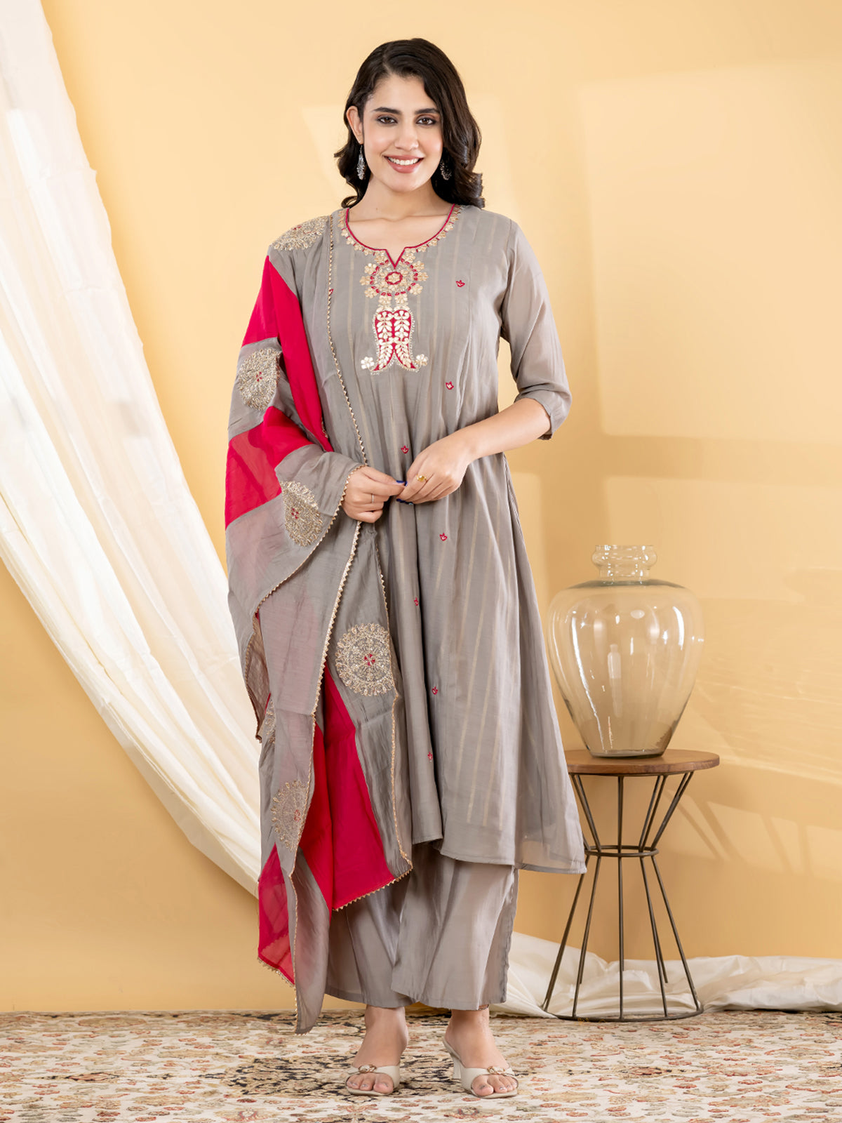 Grey zari  anarkali women kurti set