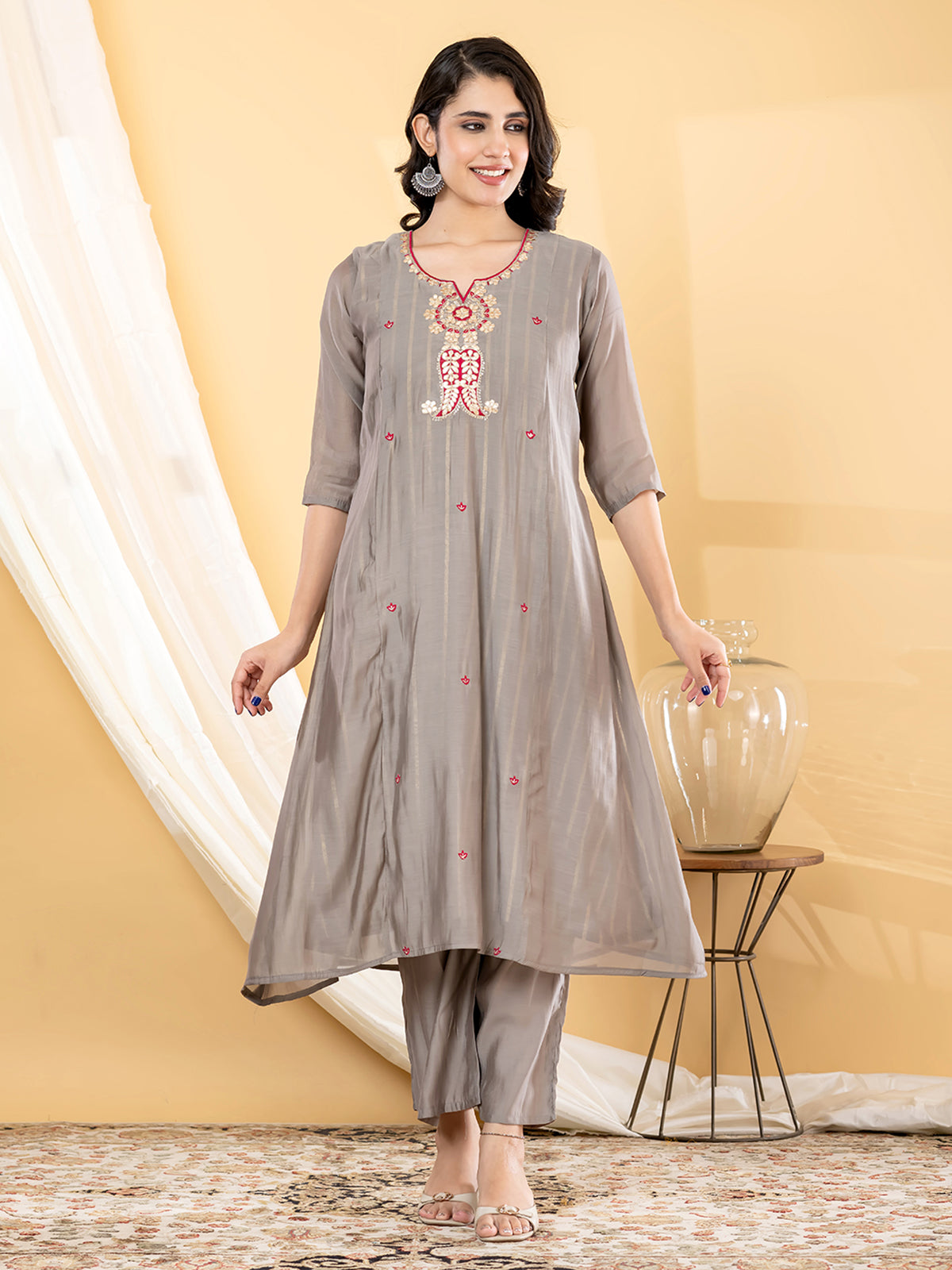 Grey zari  anarkali women kurti set