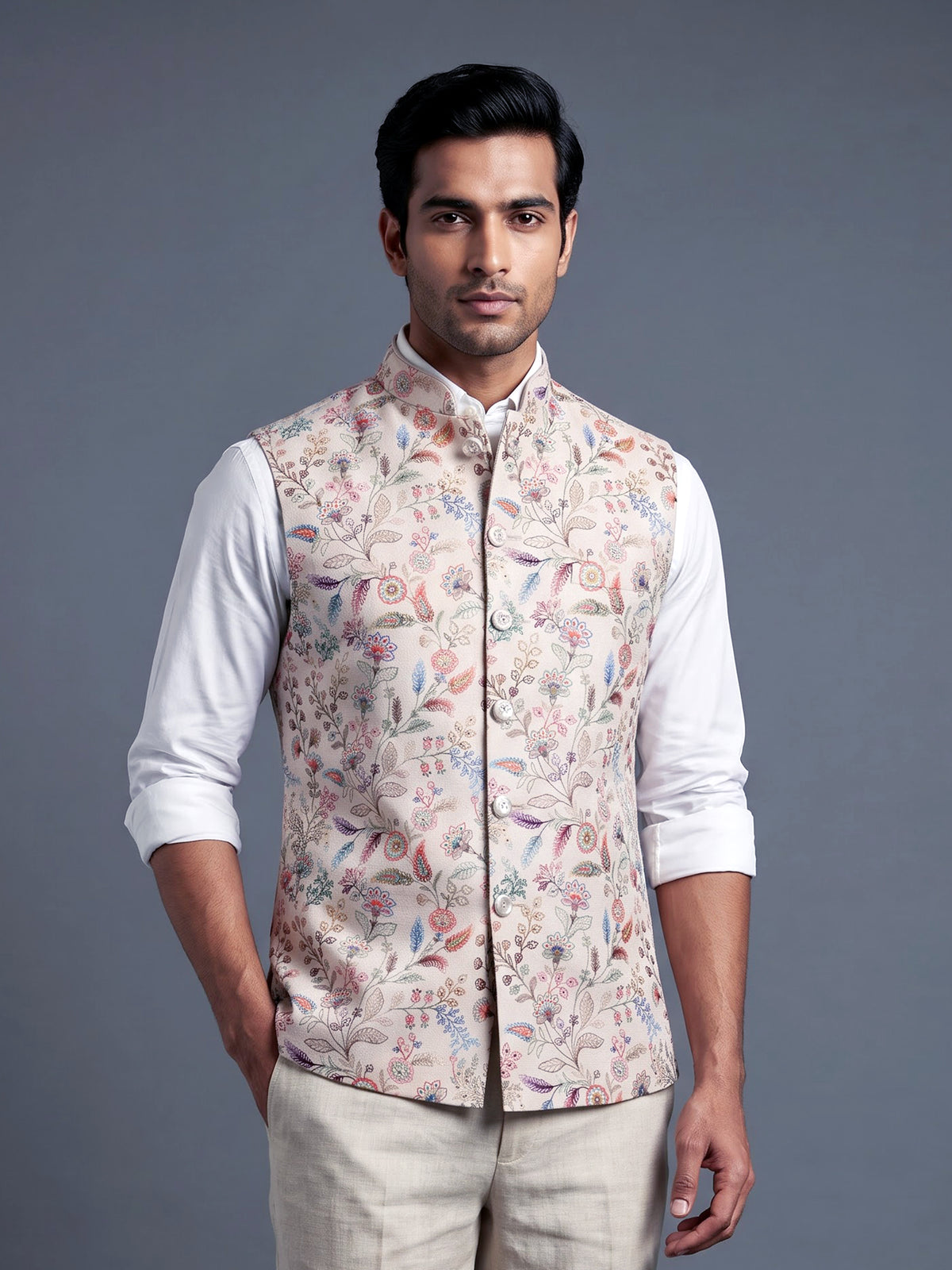 Beige botanical mens waistcoat