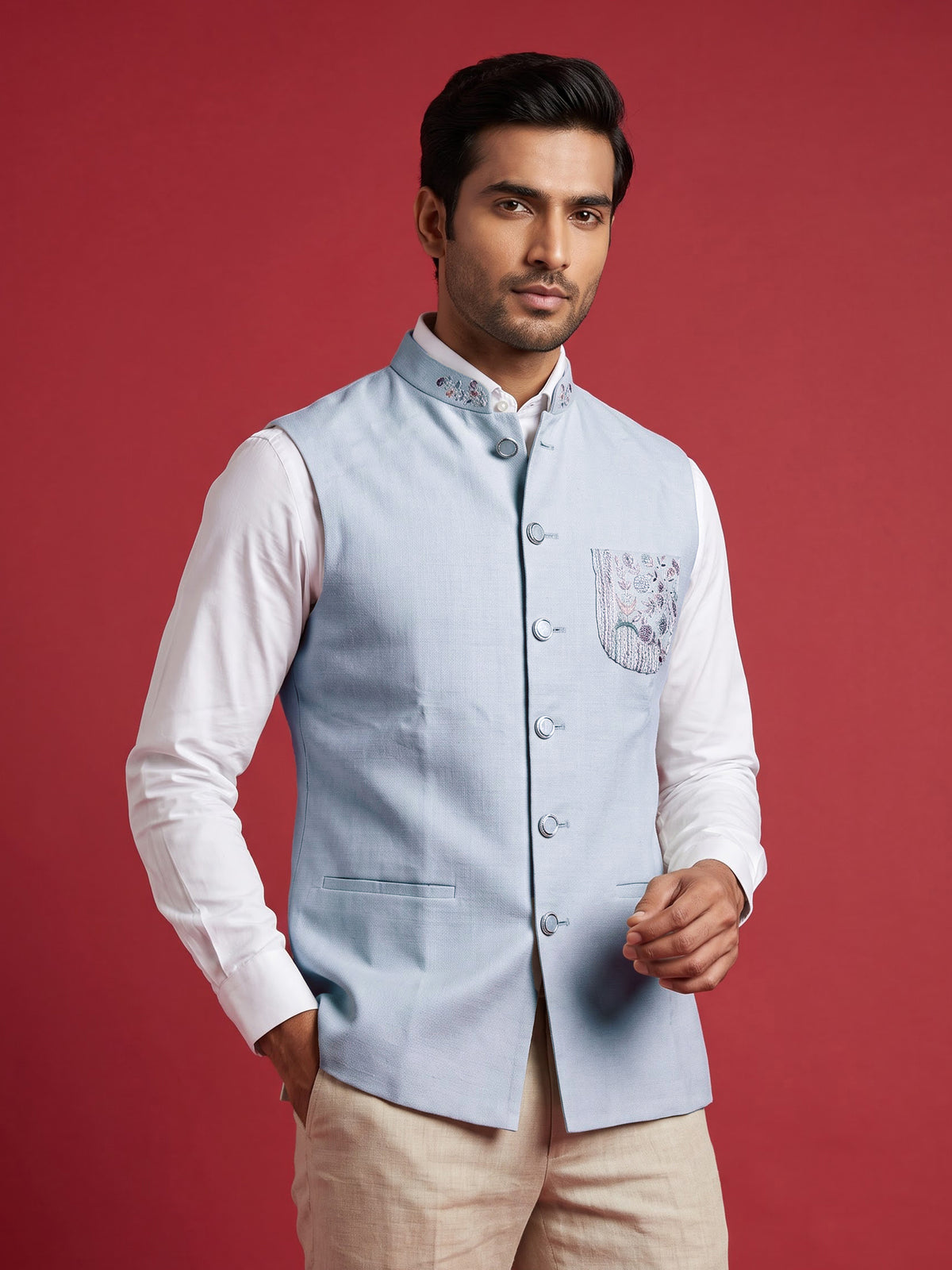 Light sky blue artistic mens waistcoat