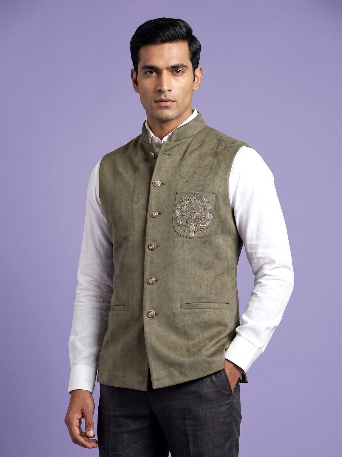 Mehendi olive premium mens waistcoat