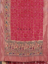 Rani pink Bandhani pattern figurative embroidered festive saree