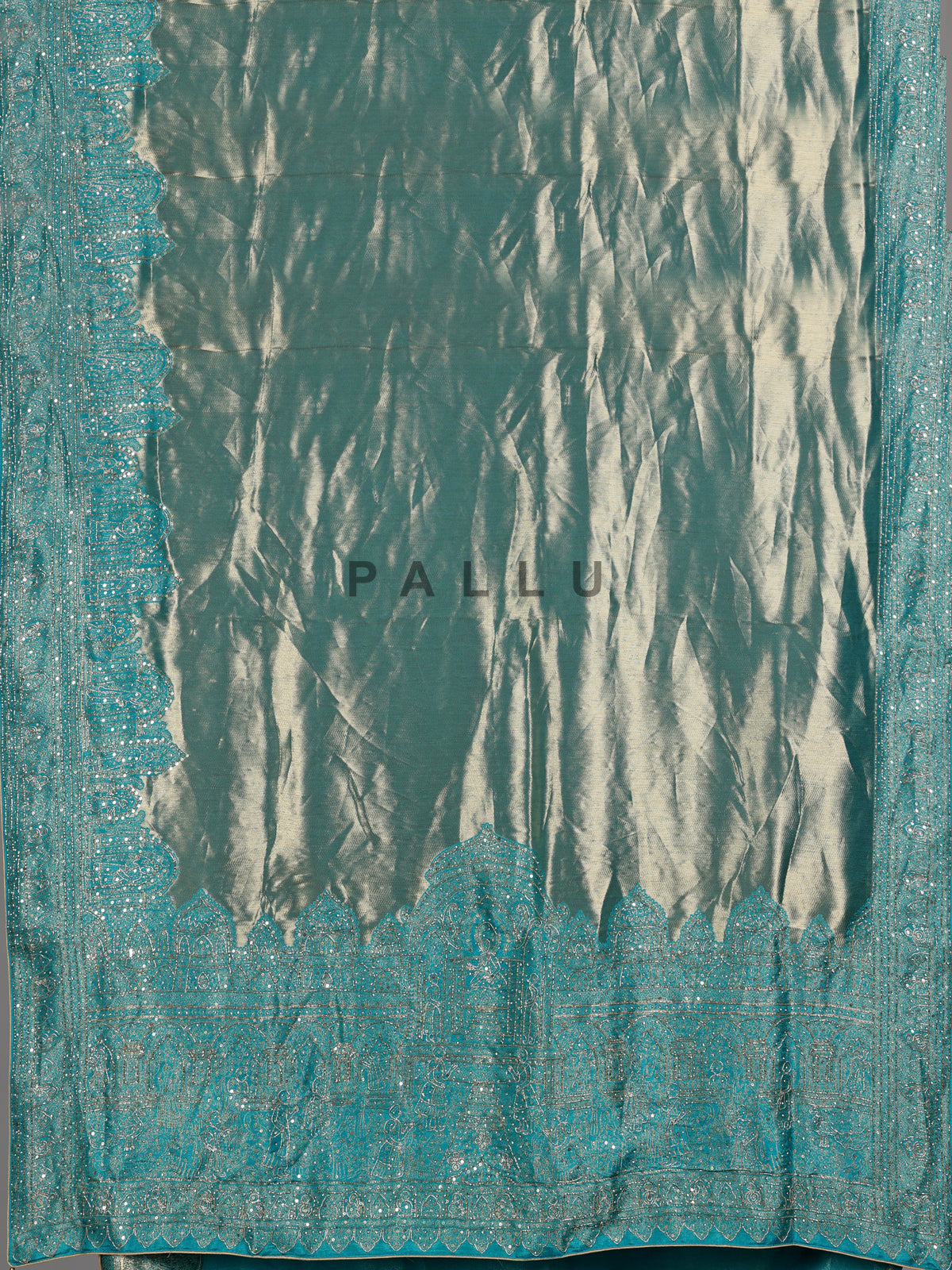 Peacock teal blue champagne ziraff tissue silk saree