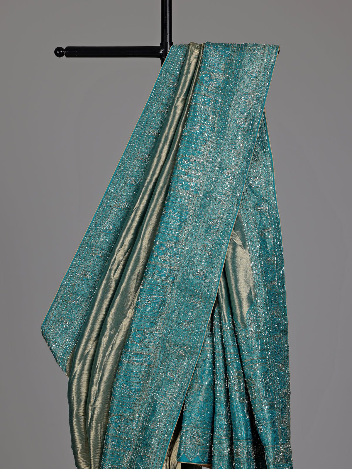 Peacock teal blue champagne ziraff tissue silk saree