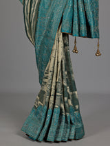 Peacock teal blue champagne ziraff tissue silk saree