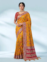 Mustard yellow modal silk Patola motif zari work saree