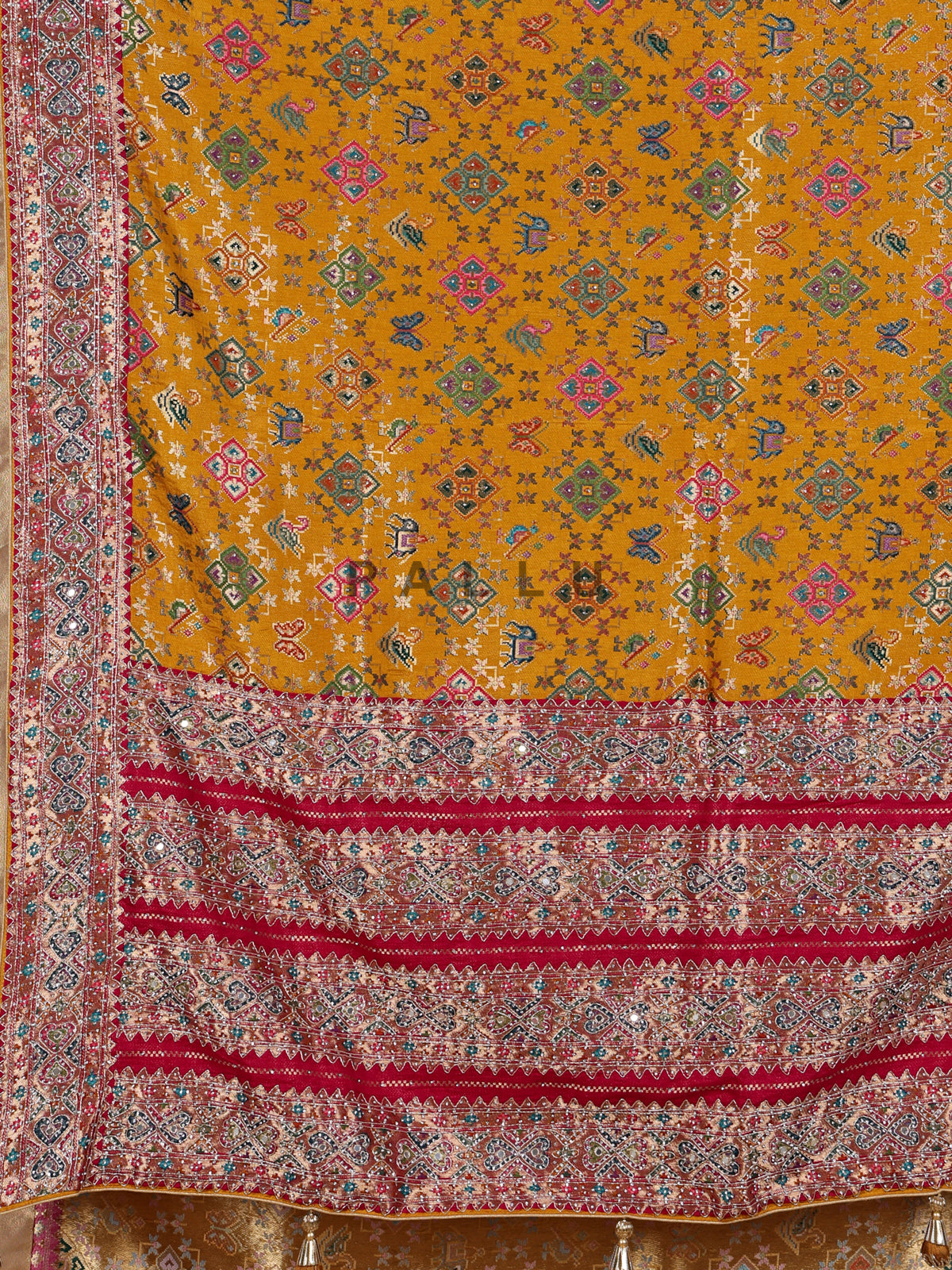 Mustard yellow modal silk Patola motif zari work saree