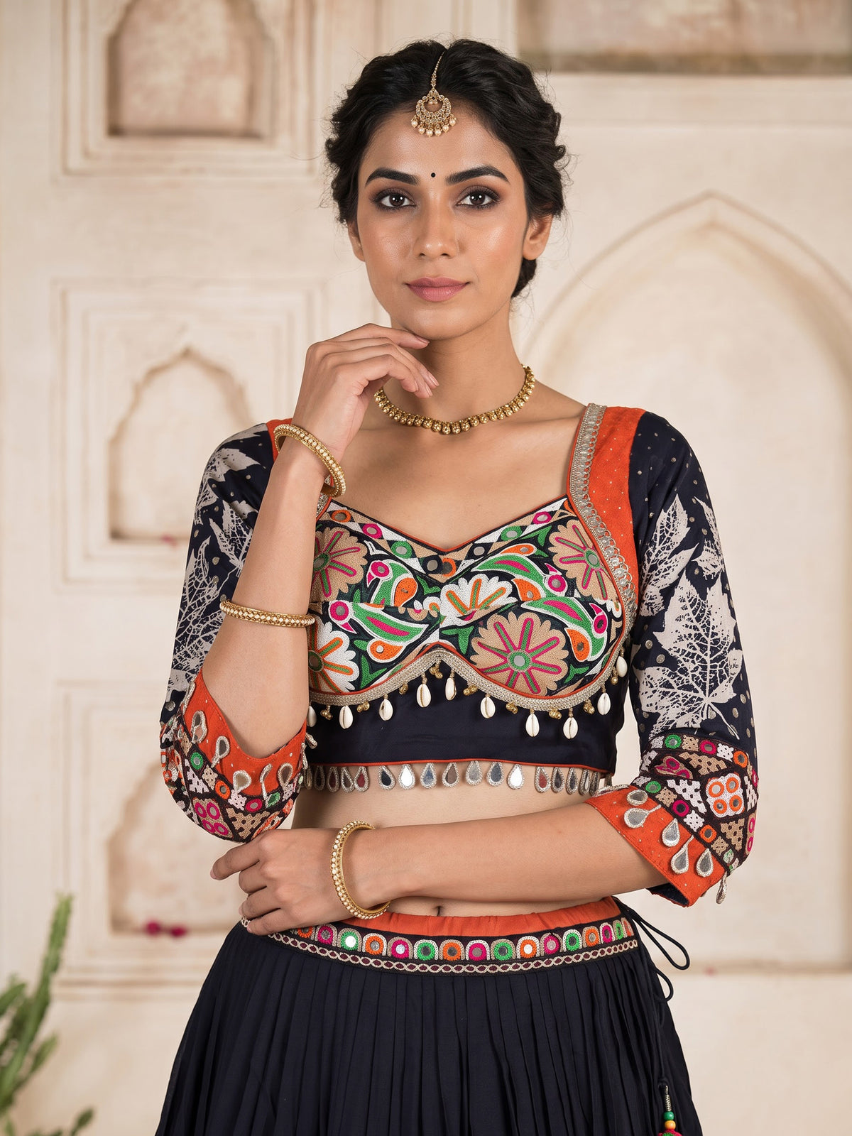 Black cotton silk chaniya choli with mirror and cowrie work