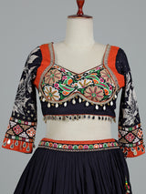Black cotton silk chaniya choli with mirror and cowrie work