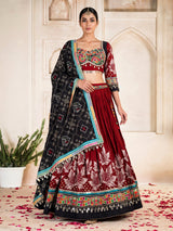 Maroon cotton silk chaniya choli with cowrie shell embellishments