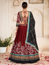 Maroon cotton silk chaniya choli with cowrie shell embellishments