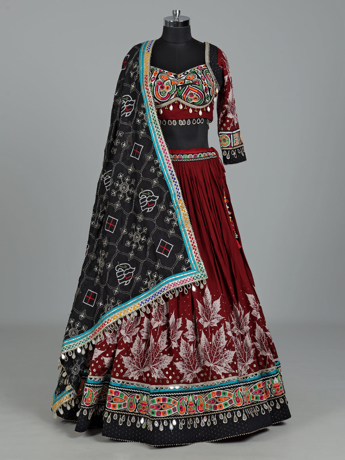 Maroon cotton silk chaniya choli with cowrie shell embellishments