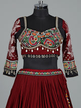 Maroon cotton silk chaniya choli with cowrie shell embellishments