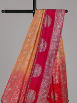 Red and yellow shaded embellished dola silk saree