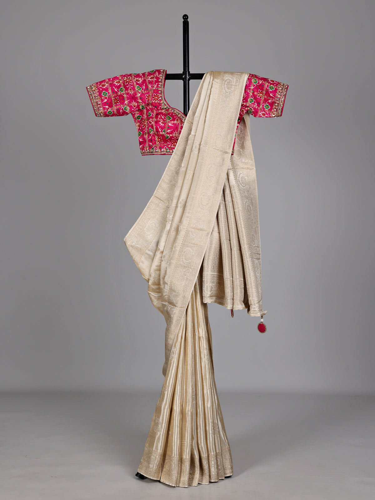 Beige metallic tissue-silk saree with readymade blouse