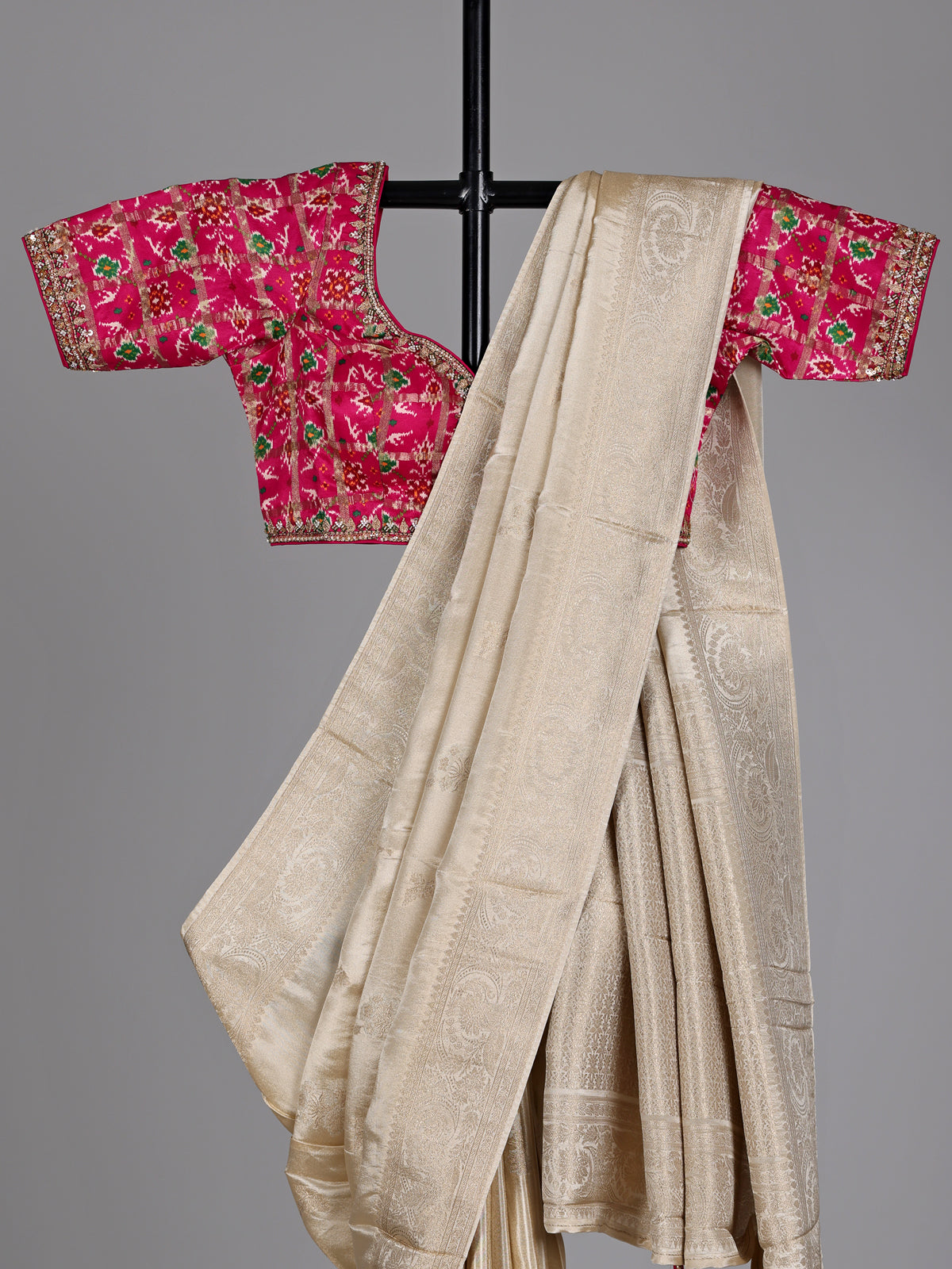 Beige metallic tissue-silk saree with readymade blouse