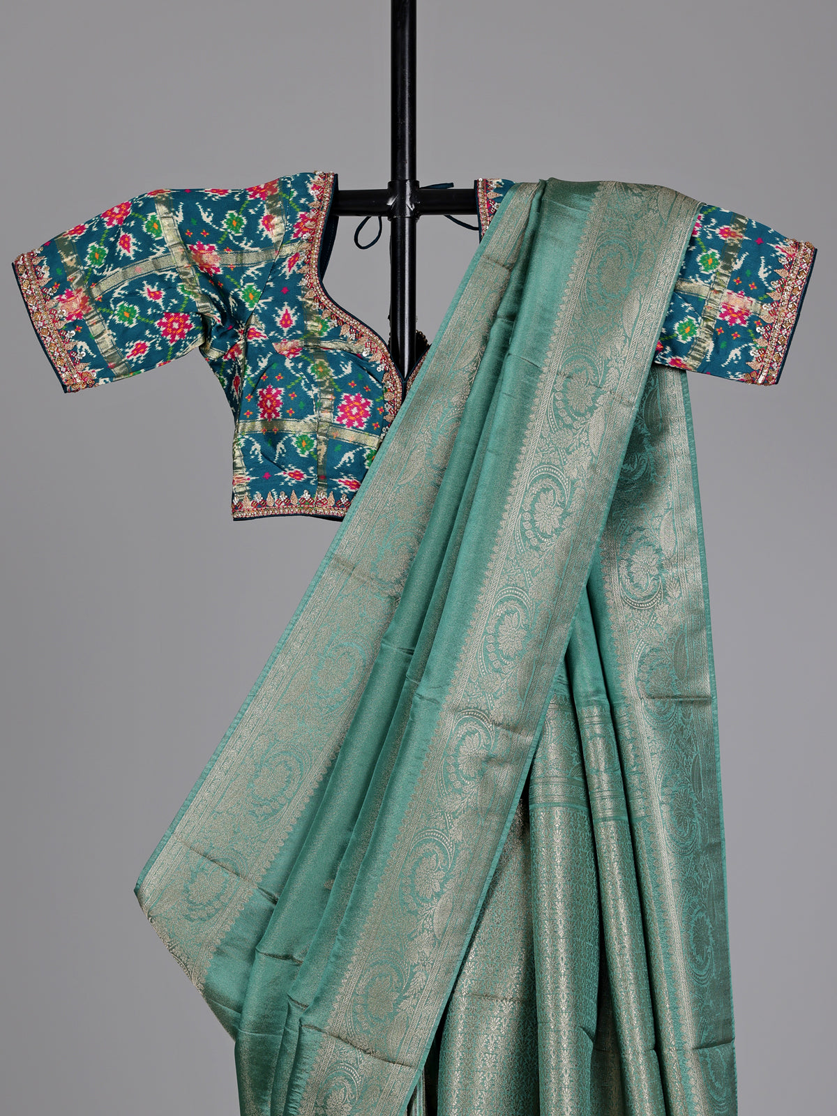 Rama green metallic tissue-silk saree with readymade blouse