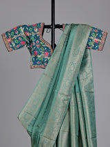 Rama green metallic tissue-silk saree with readymade blouse