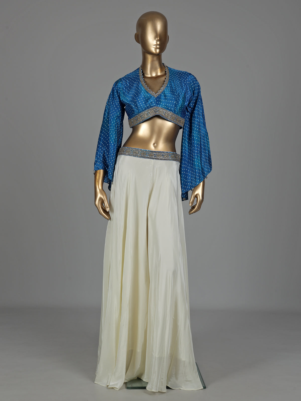Blue printed crepe silk palazzo suit with cutdana detailing