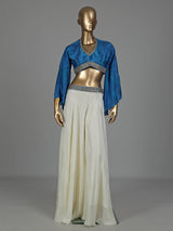 Blue printed crepe silk palazzo suit with cutdana detailing