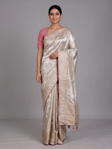 Champagne beige floral tissue-silk saree with readymade blouse