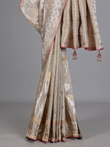 Champagne beige floral tissue-silk saree with readymade blouse