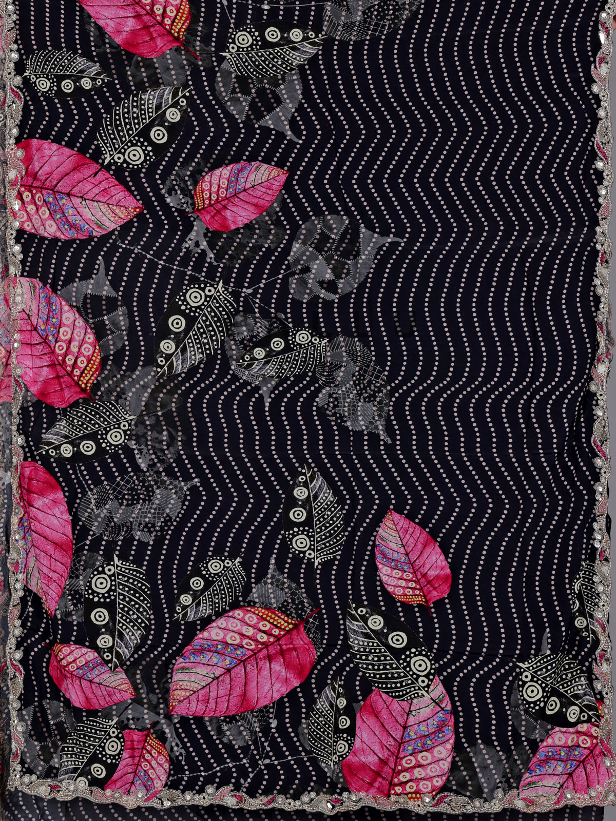 Jet black printed crepe saree with readymade blouse